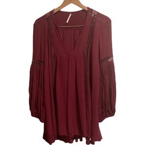Free People Just The Two Of Us Tunic Top Burgundy Balloon Sleeves